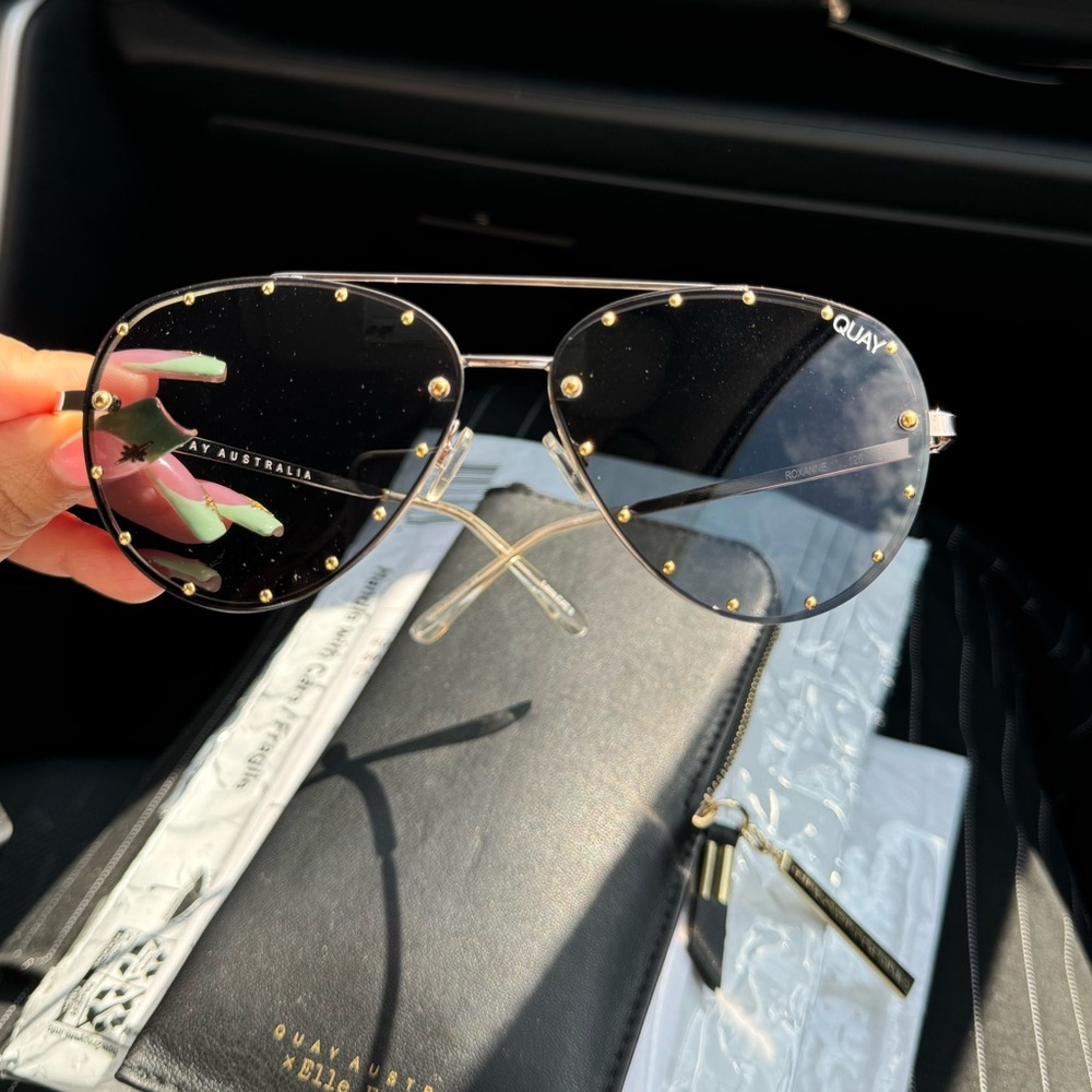 Quay Australia Black Aviator Sunglasses with Gold Studs